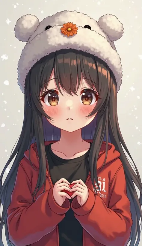 girl with long black hair, snow cap with flower in the middle color white, brown eyes, BLACK T-SHIRT, red sweatshirt with name "little floret", She holds a heart in her hand the number 31