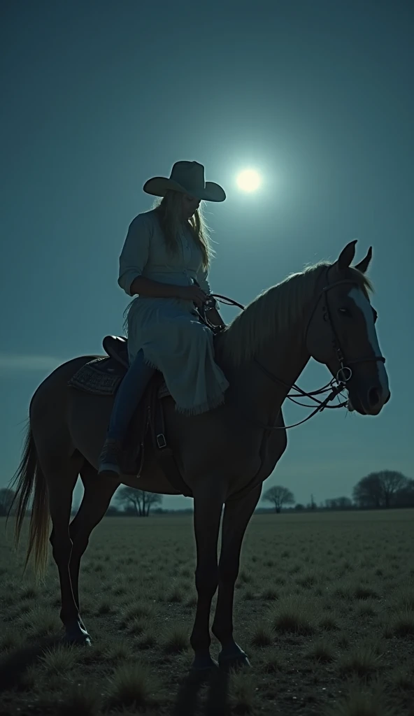 A cowboy helping a woman dressed in white onto his horse at night. The scene is illuminated by the moonlight, casting a mysterious glow. The cowboy wears a classic hat, boots, and a rugged outfit, while the woman appears ethereal, almost ghostly. The backg...