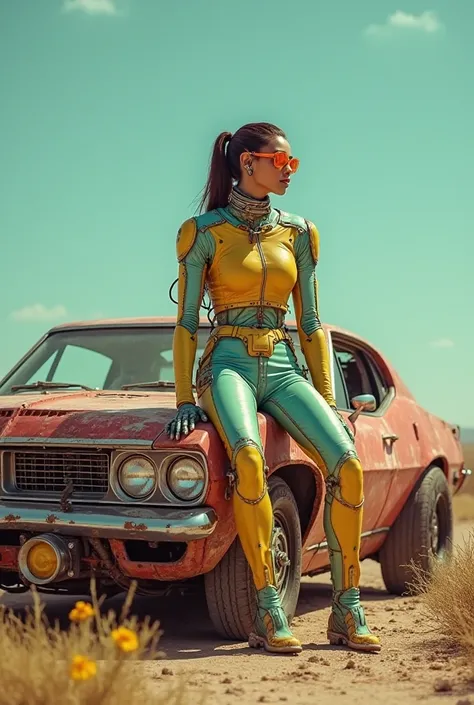 A young woman, light brown/tan ethnicity, sits perched on a modified, rusty-red car.  She appears to be in her late s or early twenties.  She's wearing a futuristic, stylized cybernetic suit. The suit is primarily yellow and teal, featuring metallic accent...