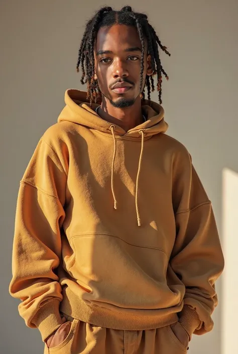 Cute 22 years old boy , light stubble beard ,  medium honey skin tone , small box braids haircut  with golden edges, freestyle outfit , oversized sweater , brown eyes, oversize pants, triangle face shape, light stunble beard, Brazilian 