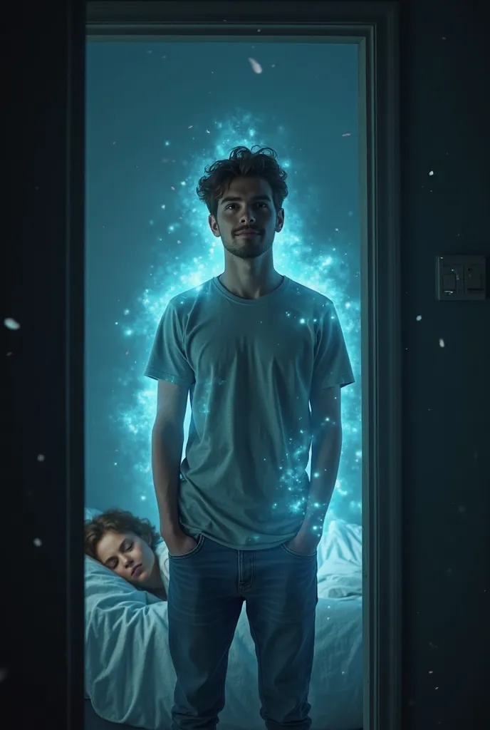 Photo of a young man in a dark room wearing jeans and light gray short sleeve shirt with a little beard standing and shrouded in a luminescent aura on the door, very smiling, seeing a young man sleeping in his bed in Venezuela, Guarico state 