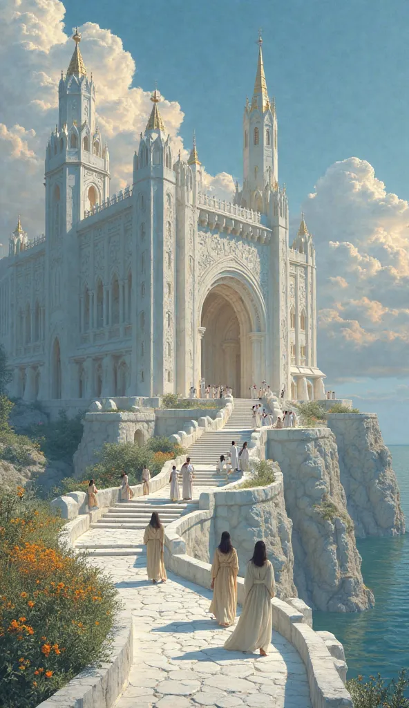 Celestial Seaside Passage to the Skyborne Haven Approach to the Castle The group of figures,robed in white, gold, and soft blue,continues along the ethereal white stone staircase,which now rises toward the entrance of a majestic castle.The sky,still a deep...