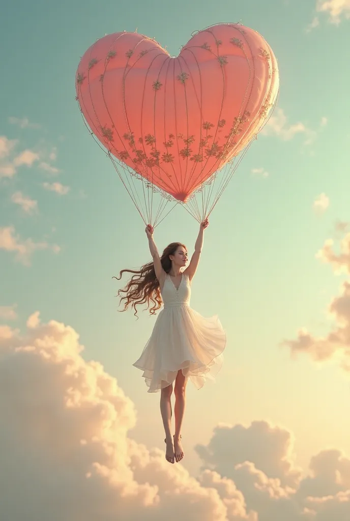 Young woman floats on air with a heart-shaped parachute 