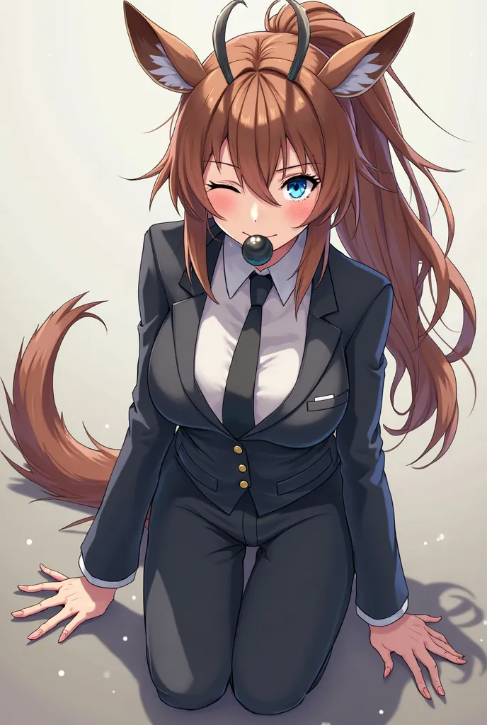 Tall, light skinned anime girl with blue eyes and brown hair. She has deer horns and she's looking at the camera with a smirk on her face as she's holding a bomb in her mouth. She has a long ponytail and big chest. She is also winking. She is on all fours ...