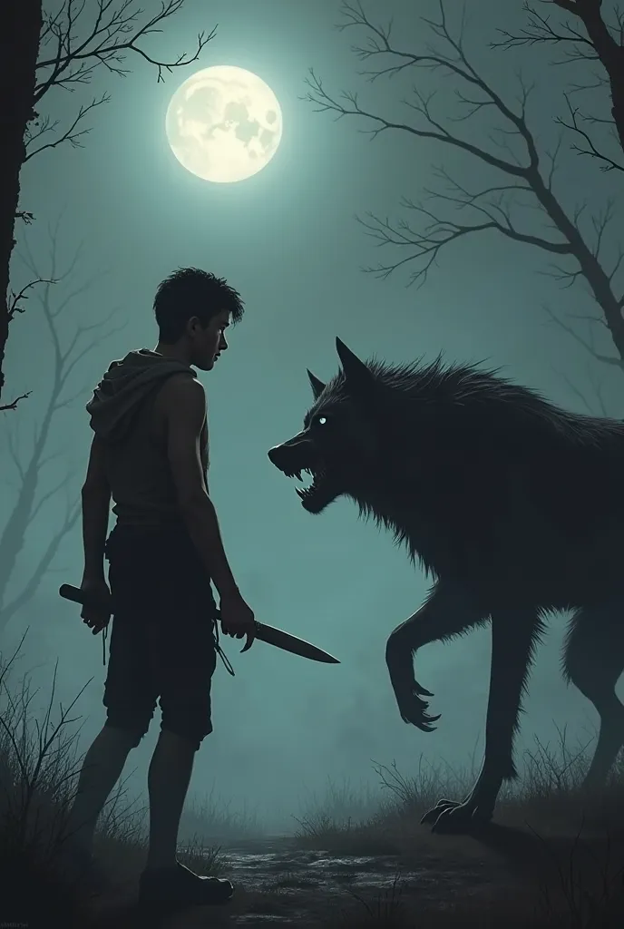 . Zé do Carmo's encounter with the Werewolf

"A frightened young man, wearing simple clothes and holding a knife, comes face to face with a werewolf in Serra Negra. His eyes are wide with fear, and his hand trembles as he holds the blade. The werewolf , wi...