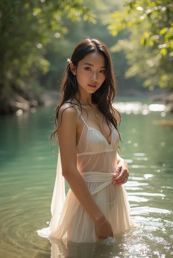 Cool morning atmosphere,front view, young and beautiful Sundanese woman , wet black hair , clean white skin ,ideal solid body,chest tight solid ideal,Wet body,holding a thin strand of wet cloth of transparent white color,covering her body,Soaking walks pos...