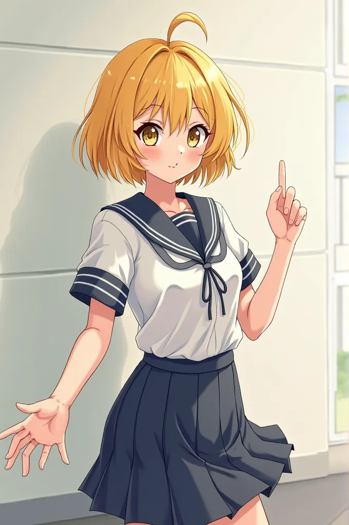 Make me a woman with short yellow hair, and wearing a school uniform, make it anime style.