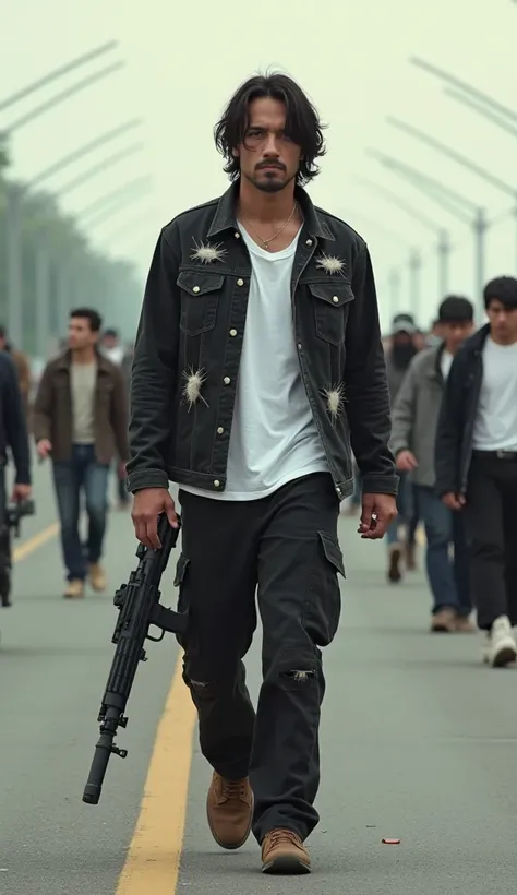 handsome 34-year-old man , Native Japanese  ,  wearing a torn black denim jacket , white t-shirt ,  and black cargo pants . Muscular,  mullet hair lightly covering his eyes ,  wearing brown docmart shoes ,  walking relaxed in the middle of the highway with...