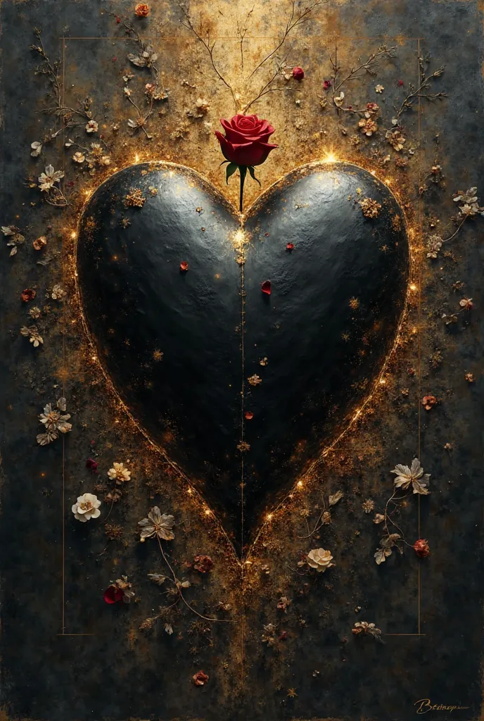 A magnificent black heart of love with golden reflections and an inscription "Good nigth M...", a rose and its stem surround the heart 