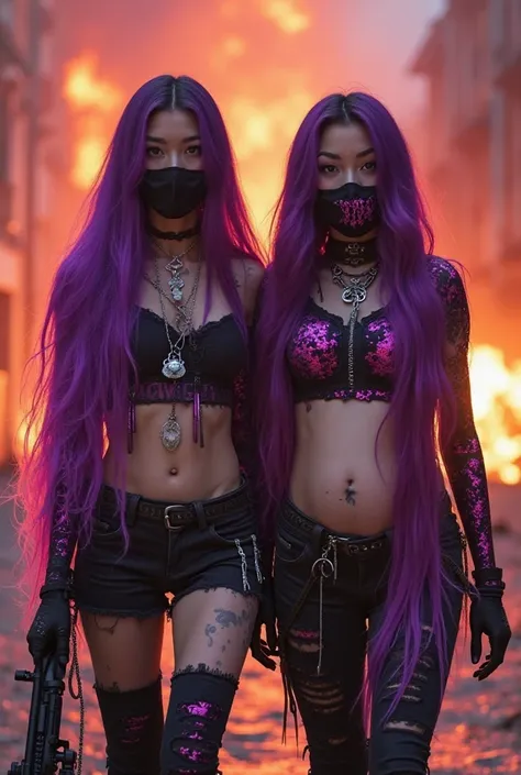 Two females walking in a toxic fire town wearing matching toxic and mask, a  pretty Asian women ,light blue eyes,  extremely long rapunzel straight Dark purple hair with bright neon purple highlights, tattoos, piercings, red lipstick, long lashes, with A B...