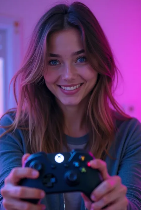 A stunning, real-life young woman with striking blue eyes and a bright, confident smile, holding a modern Xbox-style game controller close to the camera. She has long, well-groomed hair and wears stylish, casual gaming attire. The background is a vibrant p...