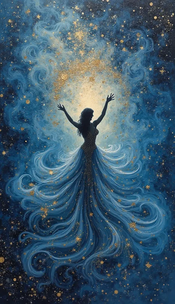 Here's a concept in a similar vein:

"A dreamlike, ethereal wet-on-wet painting where shades of deep indigo and molten gold swirl together in a mesmerizing dance of light and shadow. The composition radiates a celestial glow, with soft, translucent layers ...