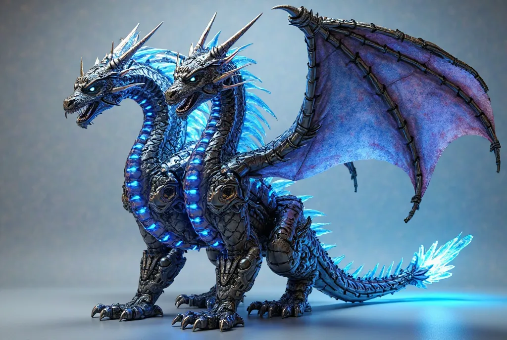 A highly detailed full-body cyberpunk three-headed dragon inspired by King Ghidorah. Each head has glowing neon circuitry running through its sleek, futuristic design, with sharp metallic scales reflecting vibrant neon lights. Its majestic crystal horns sh...