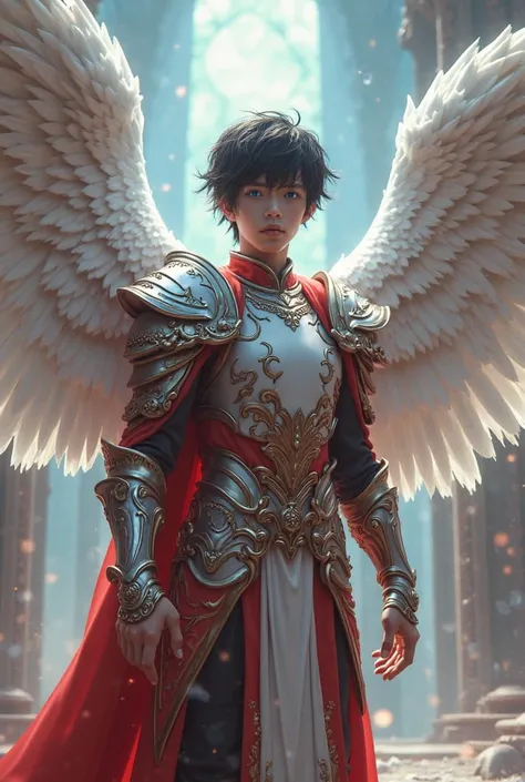  Masterpiece , top quality ,Full body 8k photo , super realistic, There are several boys , white skin, With 4 wings huge wings full of feathers , bright blue eyes, light red armor, holding a sword, scenario from the fantasy Celestial City ,  short black ha...