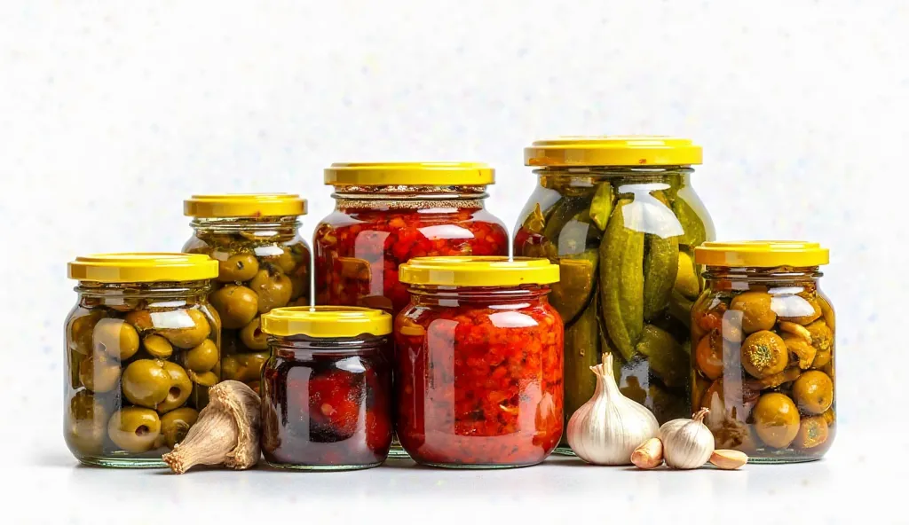 Different canned pickles in transparent jars with yellow lids: olives, chili sauce, okra, onions, sea fennel, green olives, garlic on a white background realstic and high resulation

