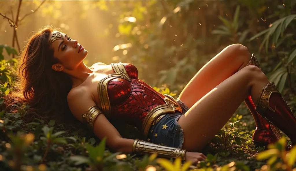 Cinematic, hyper-realistic image of Wonder Woman lying back on jungle foliage, bathed in warm golden sunlight. Her iconic red and gold battle armor, polished to perfection, gleams under the natural light, emphasizing its intricate engravings and metallic s...