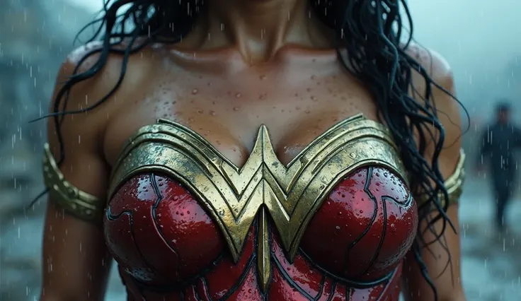 Cinematic, hyper-realistic close-up shot of Wonder Woman’s red and gold battle armor, wet from rain, with droplets cascading down the finely detailed metallic engravings. The golden ‘W’ emblem at the center of her chestplate gleams under the dim light, its...