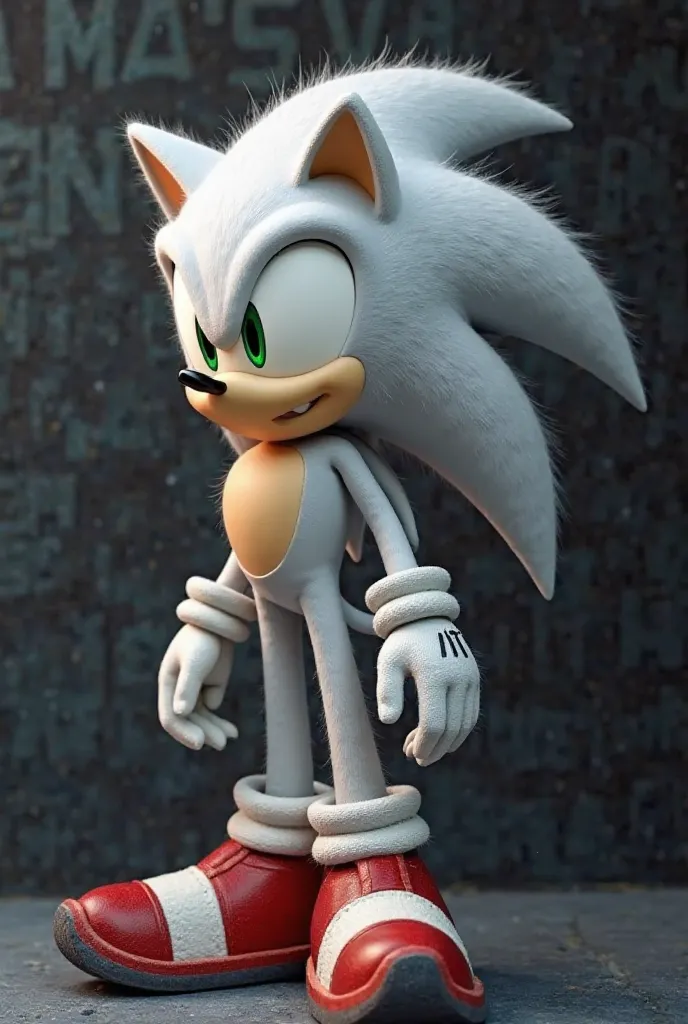 Silver the Hedgehog as he is looking concentrated from the side in the background is a gray and black color transition and the background has a dark vipe. The background also has lettering where Marie is standing on it.