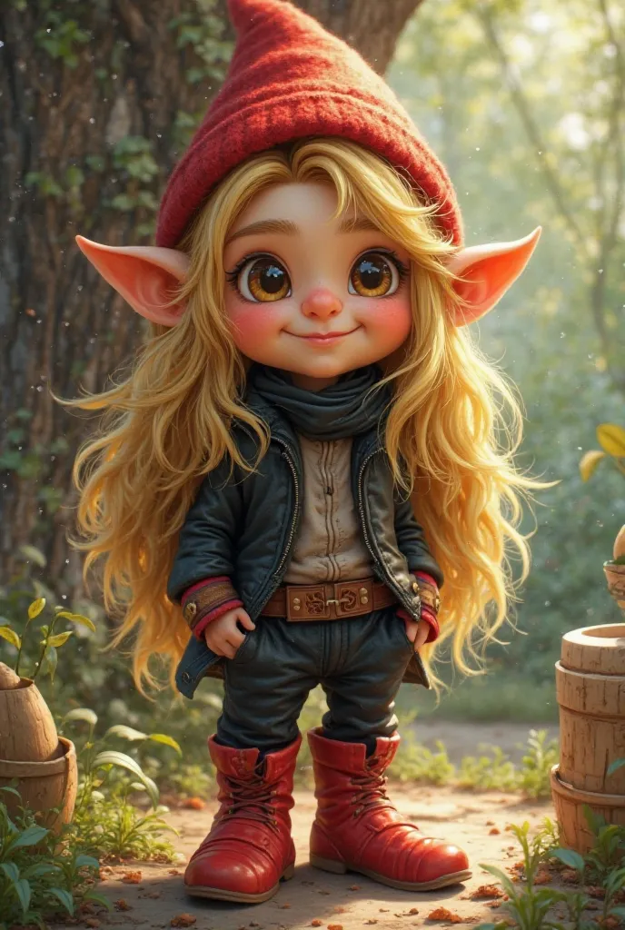 Gnome with long blonde hair, small ears, red boots, and black clothes, make him cute