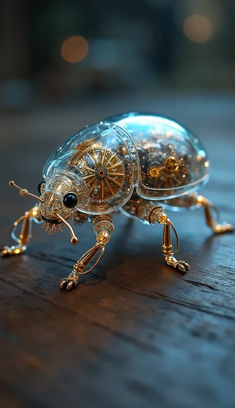 Hyper-realistic fantasy creature: a transparent crystal beetle with completely visible internal clockwork mechanism, golden and silver gears functioning as organs, miniature springs and balance wheels visible through the glass-like exoskeleton, positioned ...