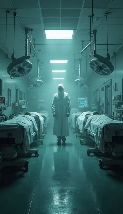 "A first-person view of the operating theater, now filled with ghostly patients. The ghostly figure from earlier reappears, staring at you. The atmosphere is overwhelming and terrifying. Photorealistic, with sharp details and a cold, metallic color palette...