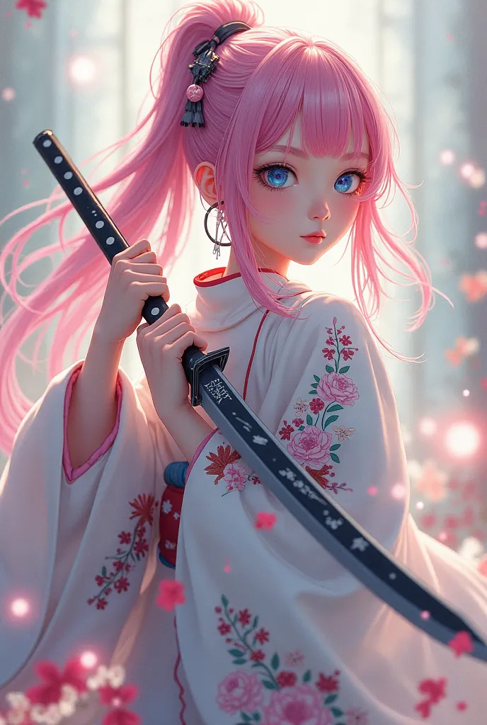 A girl with pink hair and blue eyes with a kimono and an anime-style knife