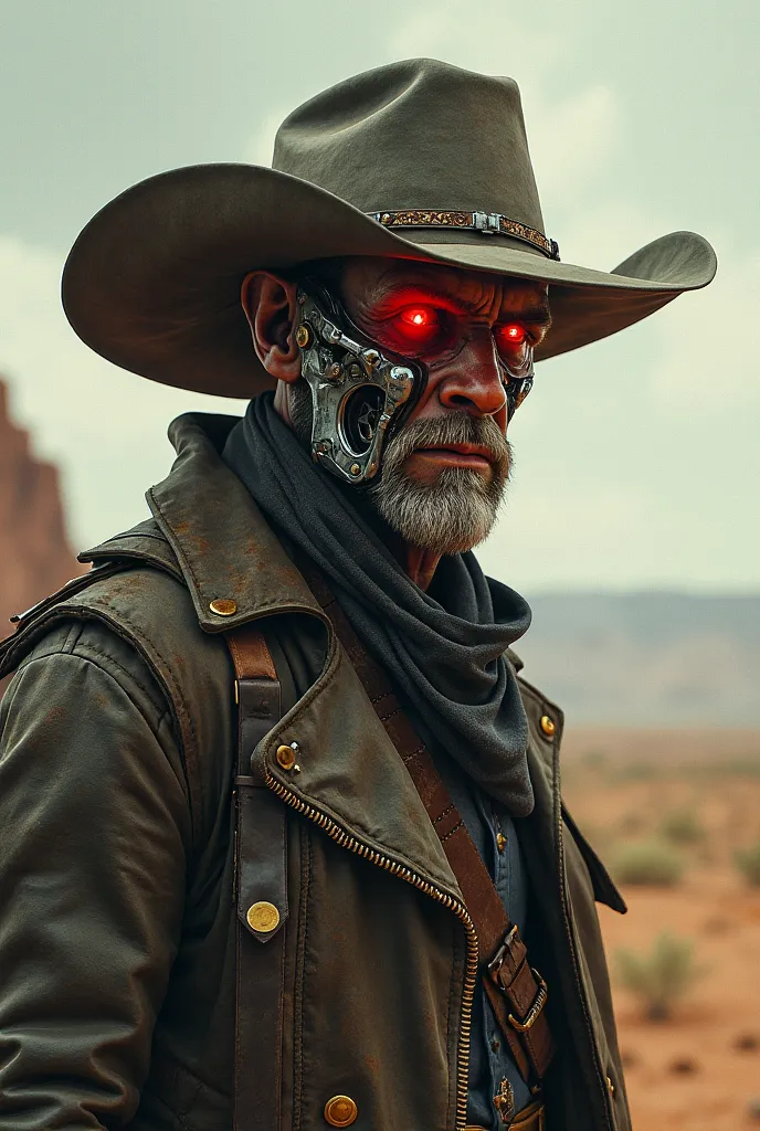 Cowboy with half a metal face and a red eye