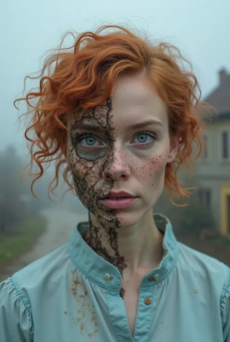 A woman with short curly strawberry hair and blue eyes with freckles. She is wearing a baby blue blouse. Half of her face has rotted off and her skin is decaying. Make the background a small town covered in fog