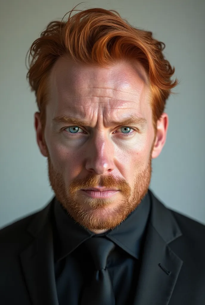 35 year-old man,  red hair,  pale skin,  vibrant blue eyes ,  wearing a black suit.
