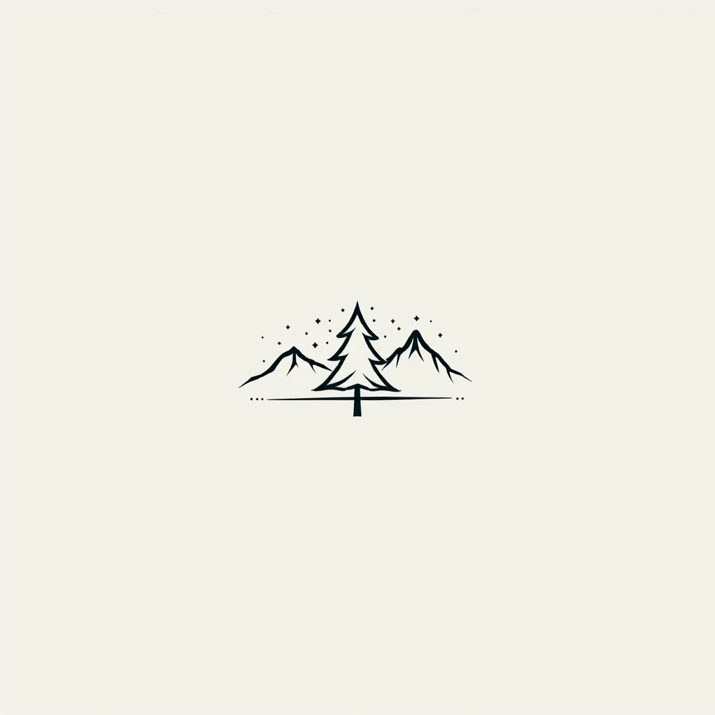 gift shop logo . on the Christmas tree logo against the background of mountains, everything is painted in one line. minimalism