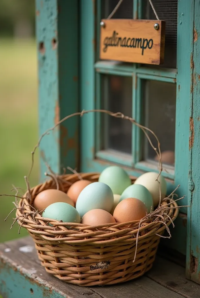 Field egg basket ,Light Green ,cafe , turquoise .  brown . . In the window of a chicken coop in the middle of the rural countryside realistic HD photography . In the background there is a wooden sign that says : "gallinaecampo "