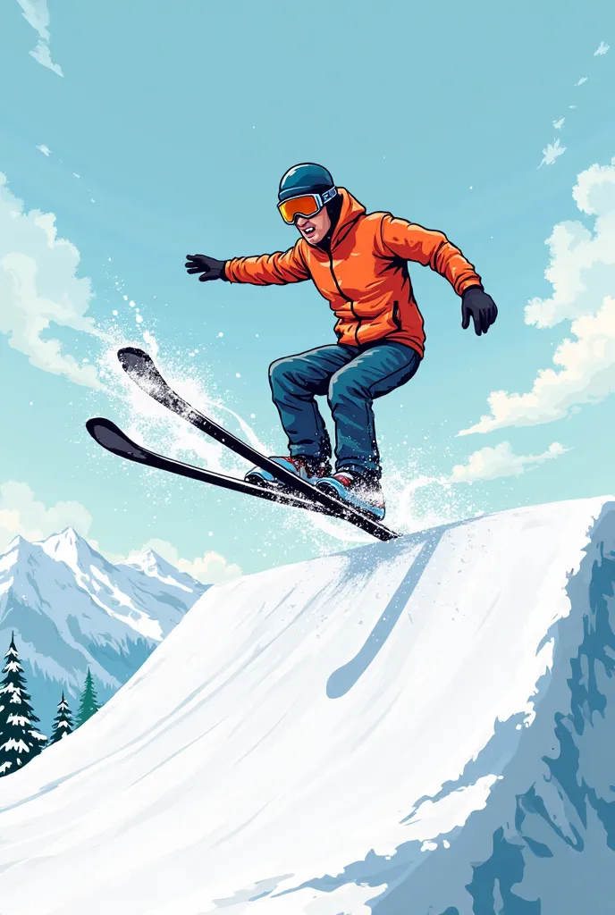 A high-energy cartoon-style illustration of a freestyle skier launching off a snow ramp, twisting in the air with a confident pose. Snow dust trails behind, and the background features an abstract splash effect to enhance the action.