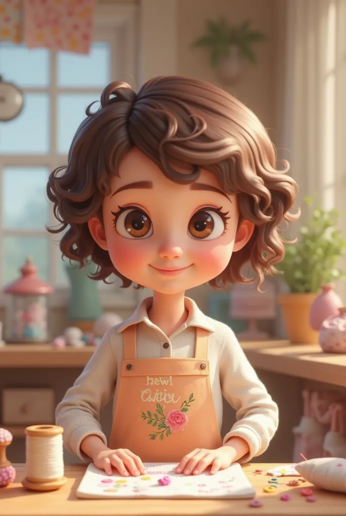 Create a cute and delicate mascot in 3D, no pissing style, skin with short curly hair,  with soft and expressive features . She is an adorable sewing craftswoman, wears a pastel apron with embroidery and softness a thread spool or a pillow of pins. Your st...