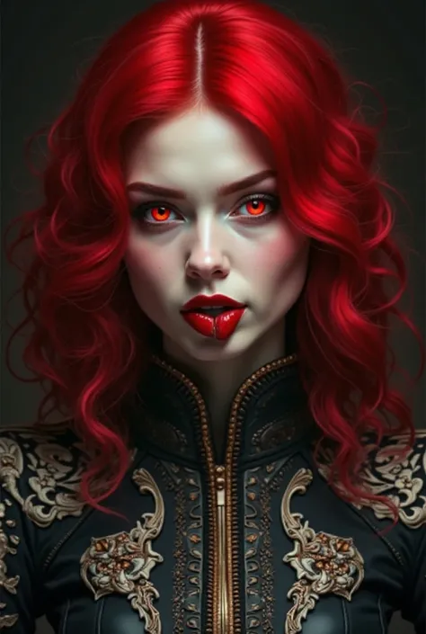  a white woman,  tongue , with scarlet hair and scarlet eyes. her costume is black with white and gold details