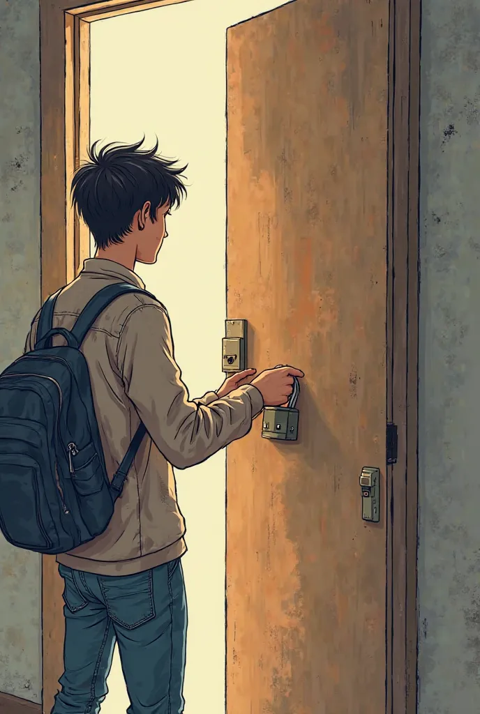 Medium shot: a male student tries to open a door but he has a Unifer lock, the padlock has to stand out a lot and the door will be closed because the student can't open it, do this as if it were a sketch of a comic book.