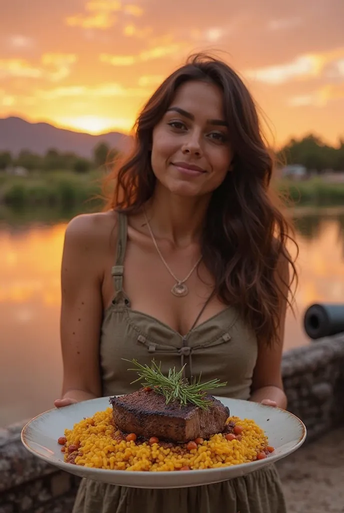 

"A realistic photograph captures a young woman with light brown skin standing beside a serene Arizona lake at sunset. She has a relaxed, natural expression. In the background, a weathered, historical-looking cannon is partially visible, suggesting a hist...