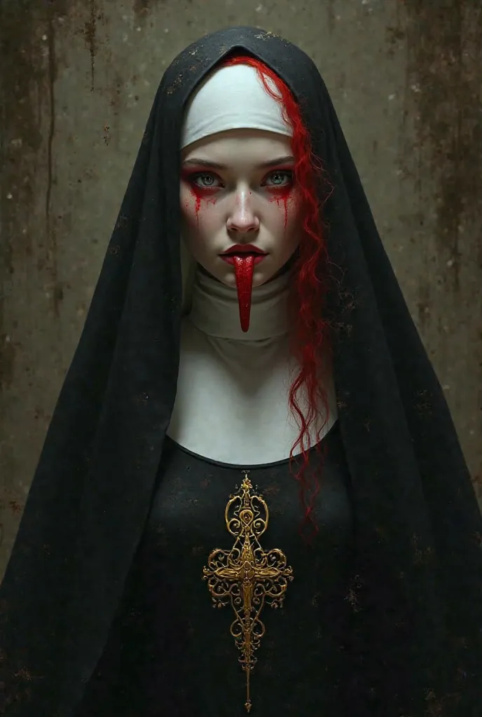 A nun,  a white woman,  tongue , with scarlet hair and scarlet eyes. her costume is black with white and gold details