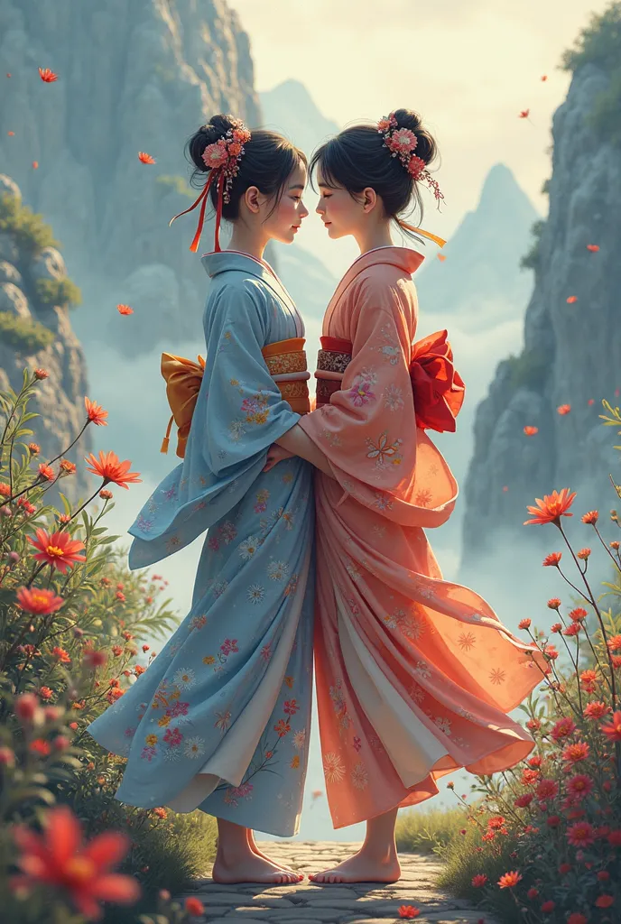 Two beautiful Nitta girls in kimonos who love each other deeply、 Landscape、fantasy style