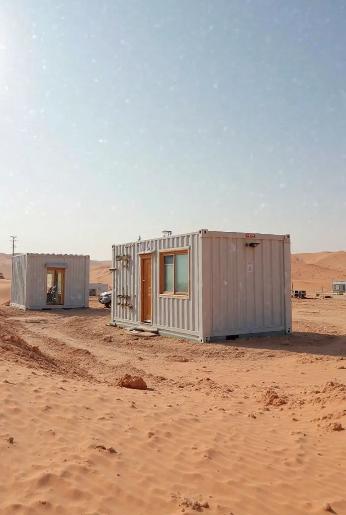 Show a construction site in a remote location with Riyadh Modutech's  beautiful office and living space for workers and toilets containers placed and operational, demonstrating the portability and flexibility of your products.