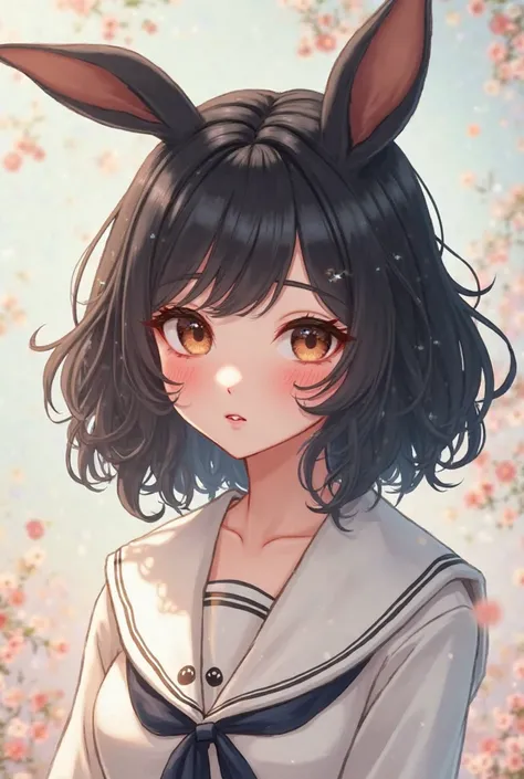 Make a female character with little black rabbit ears and a sailor blouse with a panda vibe and big black hair