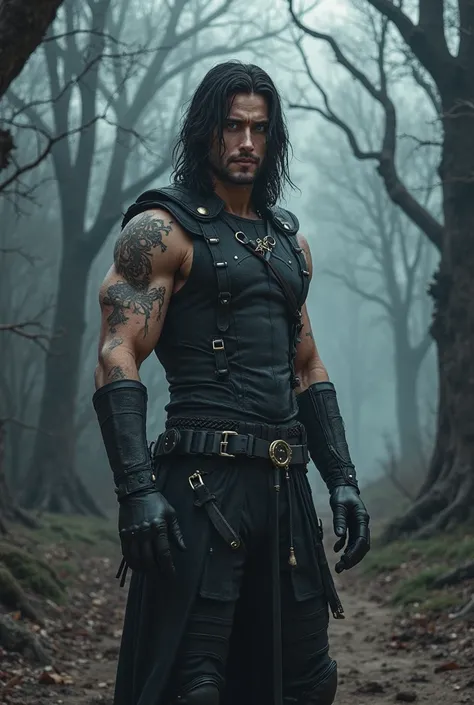 Beautiful a man with black shoulder length hair and blue eyes. He is tall,  height broad-shoulder,  and muscular , He is wearing a black leather vest with straps and sleeveless, outside and gloves, black pants and high boots. His hand is covered with rune ...