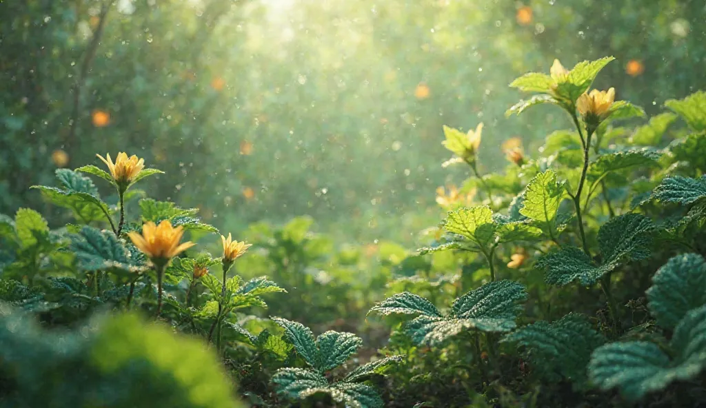 bountiful dewdrops that adorned leaves and petals created a glistening , showcasing plentiful vegetation and nature's morning adornment
