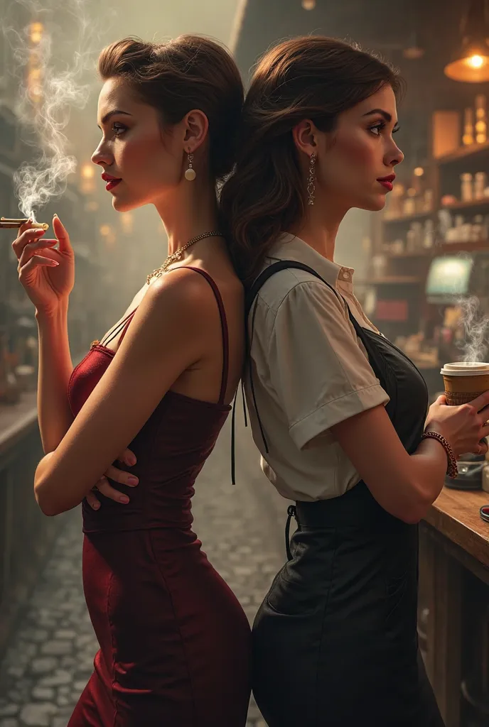 Two twenty-six year old women back to back in a profile pose. One wearing a dress and a cigarette in her hand and the other dressed as a barista