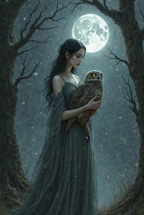 A gothic princess wearing gray dress. She's holding an owl under a big moon.