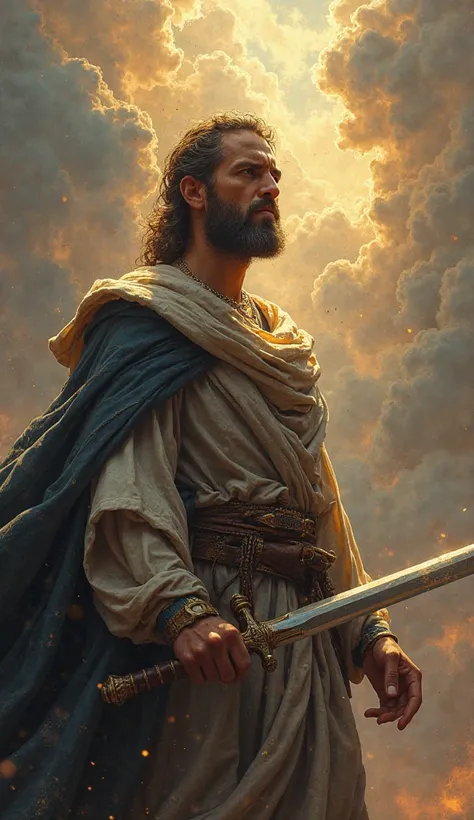 James, son of Zebedee – "An artistic image of James, the first martyr, standing boldly with a sword in the background, symbolizing his execution by King Herod. A heavenly glow signifies his faith."