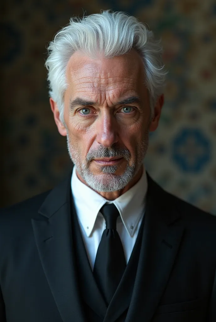 35 year-old man, white hair,  pale skin,  vibrant blue eyes ,  wearing a black suit.
