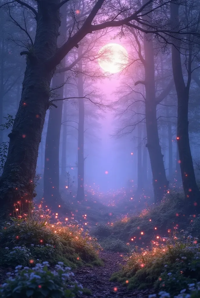 A dreamy twilight scene of a serene forest, bathed in soft hues of purples and blues. Gentle rays of moonlight filter through the misty trees, casting a magical glow. Fireflies dance in the air, creating a sparkling, enchanting atmosphere. The ground is co...