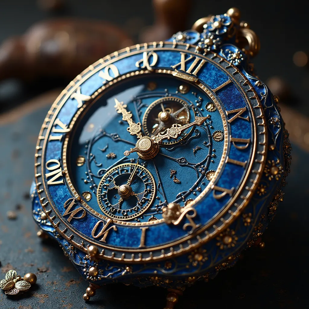 Stunning close-up of an artisan-crafted astronomical clock with ornate blue enamel face, multiple dials showing moon phases and star positions, intricate golden hands and numerals, elaborate frame with butterfly motifs engraved in the metalwork, the same b...