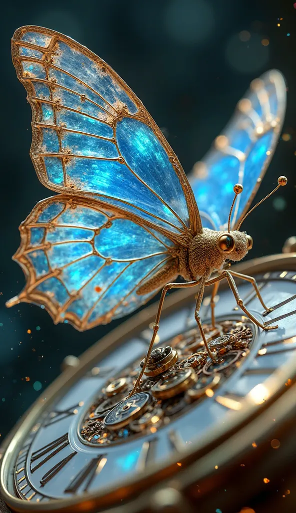 Hyper-realistic fantasy creature: a magical butterfly with wings made of translucent clock faces and ticking mechanisms, delicate body composed of miniature golden gears and blue enamel segments, wings displaying actual moving clock hands and functioning w...