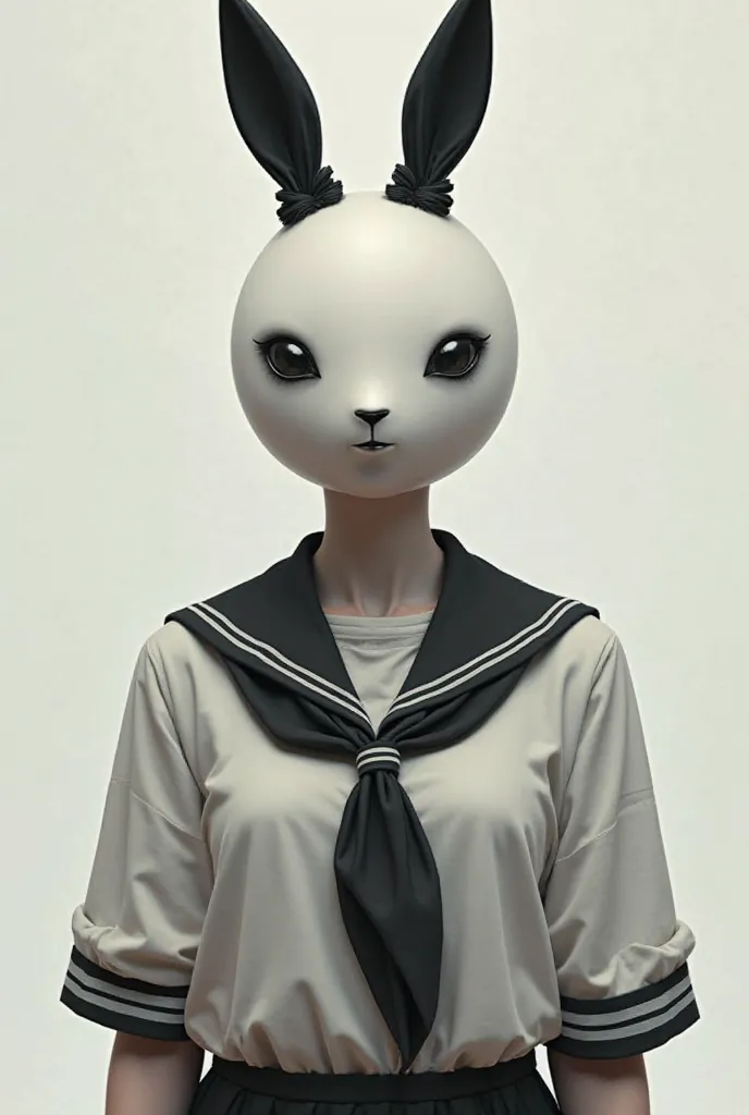 Make a headless female character with little black rabbit ears and a sailor blouse with a panda vibe with short sleeves